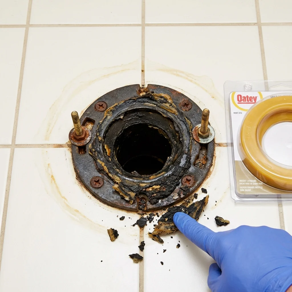 Failed wax ring showing water seepage at the base of a toilet in a Patillas, PR home
