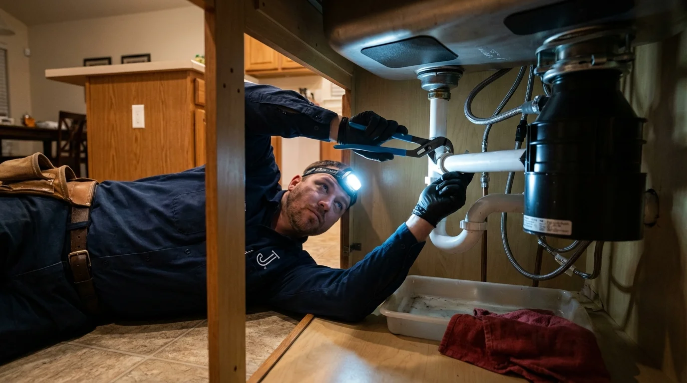 P-trap and supply line connections under a kitchen sink showing a common leak point in Patillas, PR
